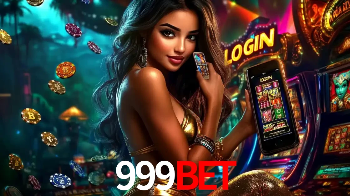 Mulher em um cenário de cassino temático de aventura, mostrando o app de caça-níqueis da 999BET no celular. Fichas de apostas flutuam ao redor.